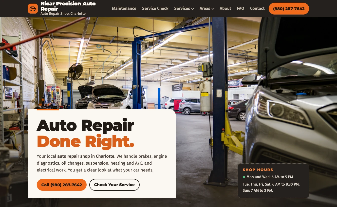 Demo website we built for Nicar Precision Auto Repair in Charlotte, now a client